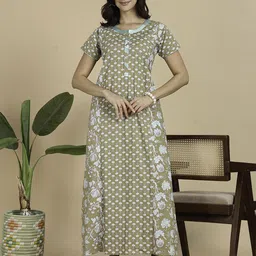 9shines Label Women Printed Round Neck Pure Cotton Maxi Nightdress-image-91