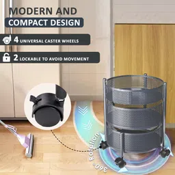 homestic Pack of 2 Kitchen 2+1 Layer Storage Rack with Wheels | Round Shape - Dark Grey Iron Kitchen Trolley image 5