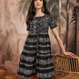 Sangria Floral Print Cotton A-Line Ethnic Dress-picture-9