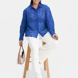 VIRGIO Blue Relaxed Fit Embroidered Shirt image 4