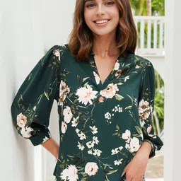 Green Floral V-Neck Cuffed Sleeve Regular Top-image-41