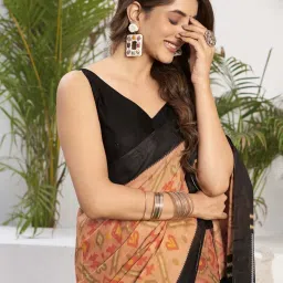 Satrani Dusty Orange & Black Pure Cotton Geometric Print Saree With Unstitched Blouse image 5