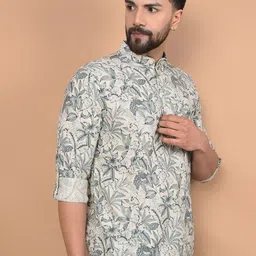 crimsoune club Crimsoune Floral Printed Mandarin Collar Linen Short Kurta image 3