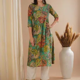 Fashor Green Floral A-Line Kurta-image-22