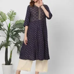 R&B Navy Rayon Printed Kurta image 3