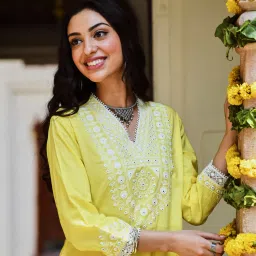 savi india Savi Yellow Cotton Straight Embroidered Kurta kurtis image 5