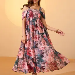 Globus Floral Print Cold-Shoulder Georgette Fit & Flare Maxi Dress-picture-31