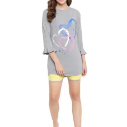 La Intimo Grey & Yellow Printed T-Shirt With Shorts image 4