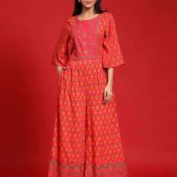 Juniper Coral Ethnic Motif Printed Rayon Flared Jumpsuit-picture-30