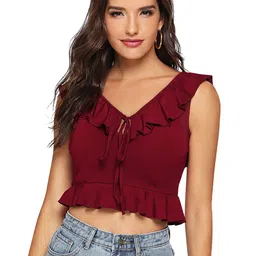 SHOPONBIT Women Solid Ruffles V-Neck Crop Peplum Top-picture-14