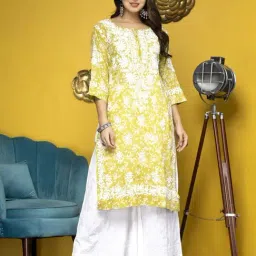PARAMOUNT CHIKAN Lime Yellow Cotton Chikankari Straight Kurta-image-51
