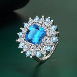 Designs & You Blue Silver Plated CZ Studded Crushed Ice Cut Adjustable Finger Ring-picture-36