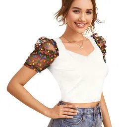 SZN Polka Dot Print Sweetheart Neck Puff Sleeve Crop Top image 5