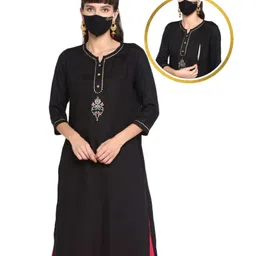 Zelena Three Fourth Sleeves Floral Motif Embroidered Maternity Kurti & Face Mask With Concealed Zipper Nursing Access - Black-picture-12