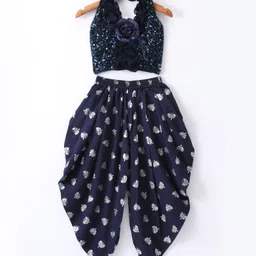 Twisha Halter Neck Sequin Embellished Ruffles Designer Top With Butterfly Foil Printed Dhoti - Navy Blue-picture-14