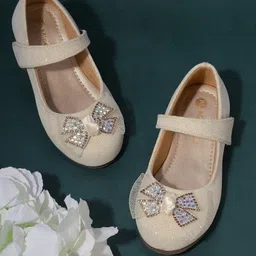 Mine Sole Bow Applique Detailed & Stones Embellished Ballerinas With Velcro Closure - Gold-picture-22