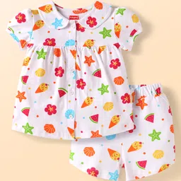Babyhug Cotton Knit Half Sleeves Shorts Night Suit With Floral & Fruit Print - White-image-33