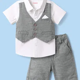 Babyhug Cotton Woven Half Sleeves Solid Color Shirt & Shorts Set with Attached Waistcoat - White & Grey-picture-26