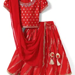 Babyhug Woven Half Sleeves Lehenga Choli & Dupatta Set With Floral Embroidery - Red image 1