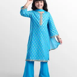 EARTHY TOUCH Single Jersey Knit Three Fourth Sleeves Kurta Churidar Set With Dupatta & Foil Print - Light Blue-picture-27