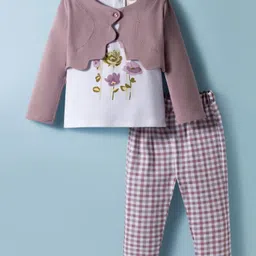 ToffyHouse Interlock Knit Floral Printed Top & Checkered Lounge Pant Set With Full Sleeves Shrug - Lavender-picture-38