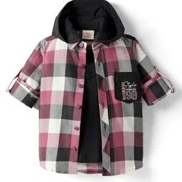Rikidoos Full Sleeves Checked Shirt With Attached Hooded Tee Set - Dusty Pink & Black-picture-23