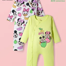 Babyoye Disney Interlock Knit Full Sleeves Rompers with Minnie & Friends Graphics Pack of 2 - White & Neon Green-picture-28