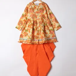 M'andy Cotton Woven Full Sleeves Floral Printed & Gota Lace Embellished Dhoti Kurti Set - Orange-image-71