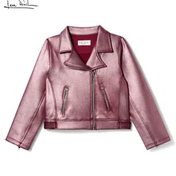 arias by lara dutta Arias Knit Full Sleeves Solid Metallic Biker Style Jacket - Pink image 2