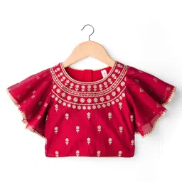 Babyhug Brocade Woven Flutter Sleeves Choli Lehenga & Dupatta Set with Floral Embroidery & Print - Red image 2