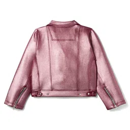 arias by lara dutta Arias Knit Full Sleeves Solid Metallic Biker Style Jacket - Pink image 3