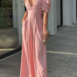 bebe Fashion Women Solid Pink Plunge Neck Basic Jumpsuit-picture-19