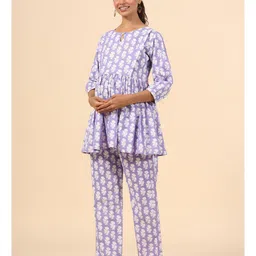 Ikk Kudi by Seerat Cotton Woven Three Fourth Sleeves Floral Printed Peplum Top With Zipper Nursing Access & Pant Set - Purple image 5