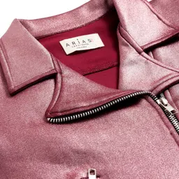 arias by lara dutta Arias Knit Full Sleeves Solid Metallic Biker Style Jacket - Pink image 4