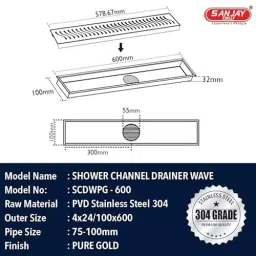 Sanjay Chilly Shower Channel Drain Cover Pure Gold 101.6 x 609.6 mm (‎4 x 24 inch), CH-SCDWPG-600 image 4