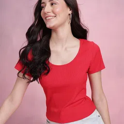 DressBerry Scoop Neck Ribbed T-shirt-image-5