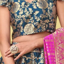 PURVAJA Teal Floral Print Stitched Lehenga & Unstitched Blouse With Dupatta image 5