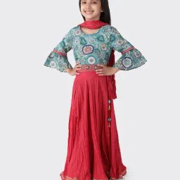 Fabindia Kids Blue & Coral Cotton Printed Lehenga Choli With Dupatta-image-12