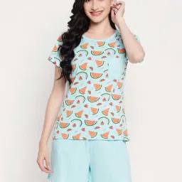 Clovia Blue Printed Cotton T-Shirt With Shorts-image-68