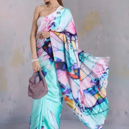 navyasa by liva Blue Printed Saree With Unstitched Blouse image 5