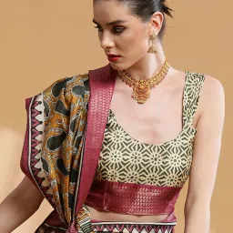 Saree Mall Mustard & Pink Printed Saree With Unstitched Blouse image 5