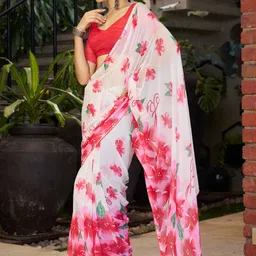 GHAN SALS Floral Printed Baluchari Saree with Blouse Piece image 3