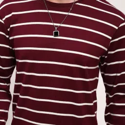 showoffff Showoff Burgundy Cotton Slim Fit Striped T-Shirt image 5