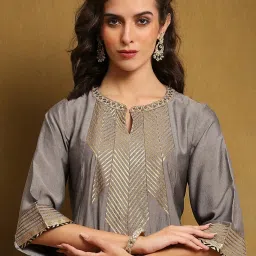 Biba Grey Polyester Blend Self Design 3/4th Sleeve Kurta image 5