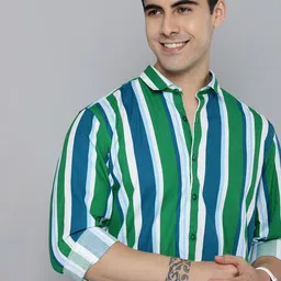 Mast & Harbour Men Green And Teal Blue Slim Fit Striped Pure Cotton Casual Shirt-image-1