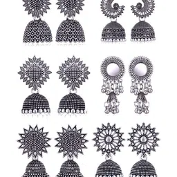 Sangria Set Of 6 Silver-Plated Dome Shaped Oxidized Jhumkas-image-98
