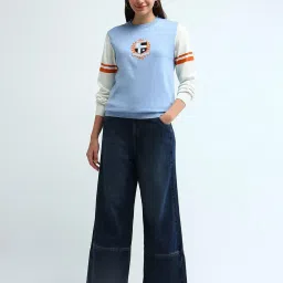 U.S. Polo Assn. Womens Blue Pure Cotton Regular Fit Colour Blocked Sweater image 5