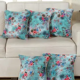 Shadowkart Blue & Pink 5 Pieces Floral Printed Velvet Square Cushion Covers-image-0