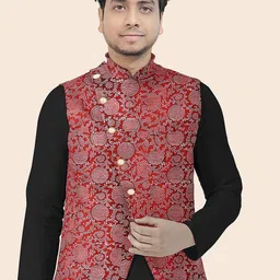 Utsav Fashion Block Printed Art Silk Nehru Jacket in Maroon-picture-11