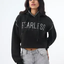 The Souled Store Black Oversized Fearless Women Cropped Oversized Hoodies-picture-26